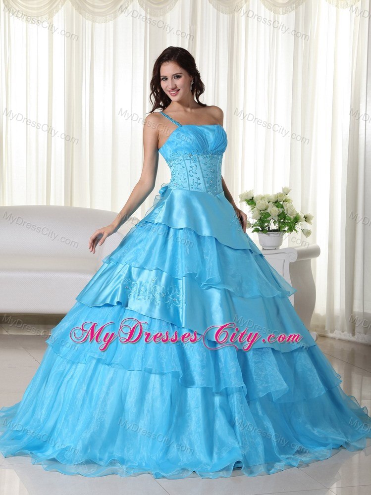 One Shoulder Ruffled Layers Aqua Blue Quinceanera Dress With Beading