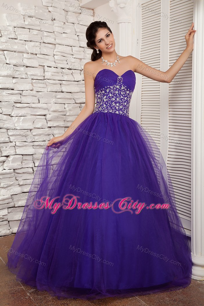 Beaded Sweetheart A-line Tulle Purple Sweet 16 Dresses For Cheap ...