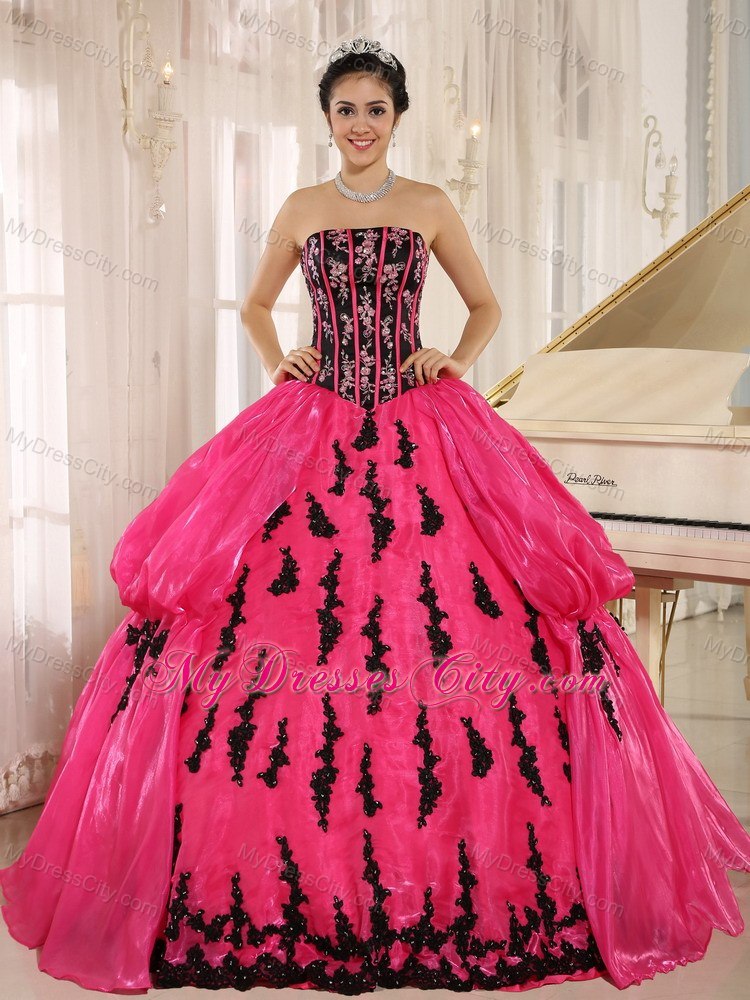 Strapless Pick Ups Black Appliques Hot Pink 2013 Quinceanera Dresses
