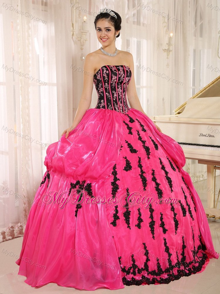 Strapless Pick Ups Black Appliques Hot Pink 2013 Quinceanera Dresses
