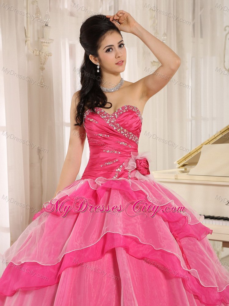 Sweetheart Beaded Flowers Hot Pink Quinceanera Gowns With Tiers