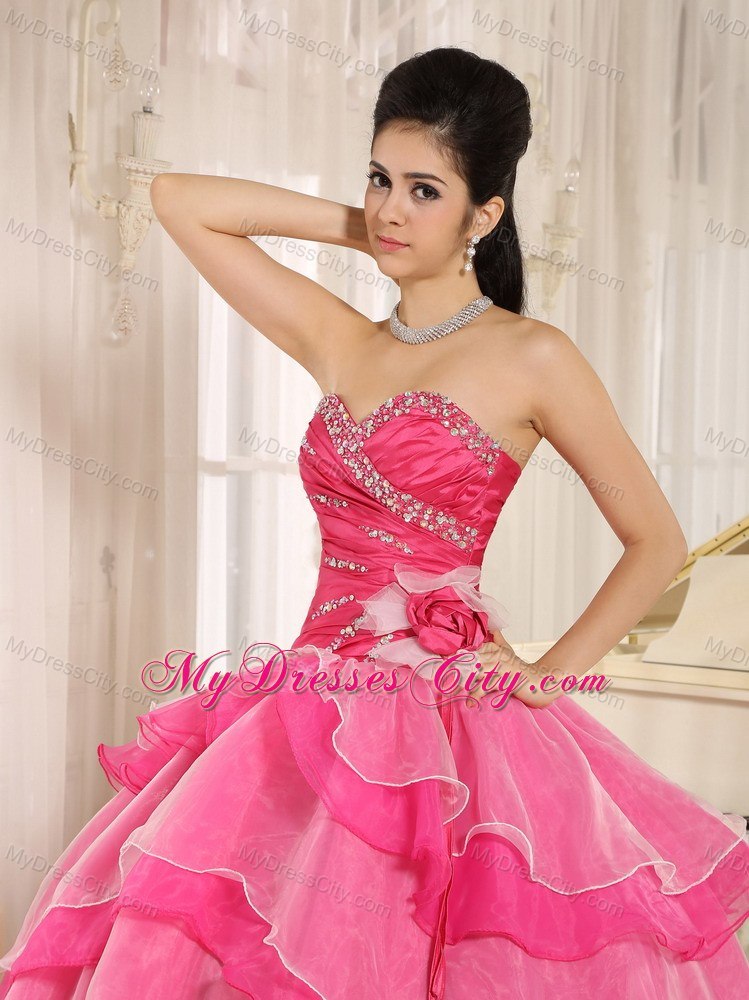 Sweetheart Beaded Flowers Hot Pink Quinceanera Gowns With Tiers