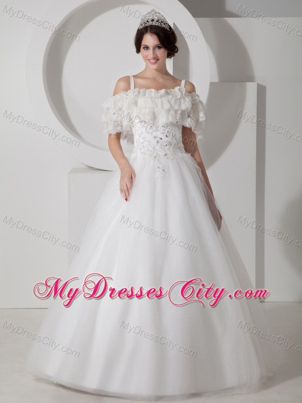 Straps Floor-length Tulle Appliques Wedding Dress with Beading