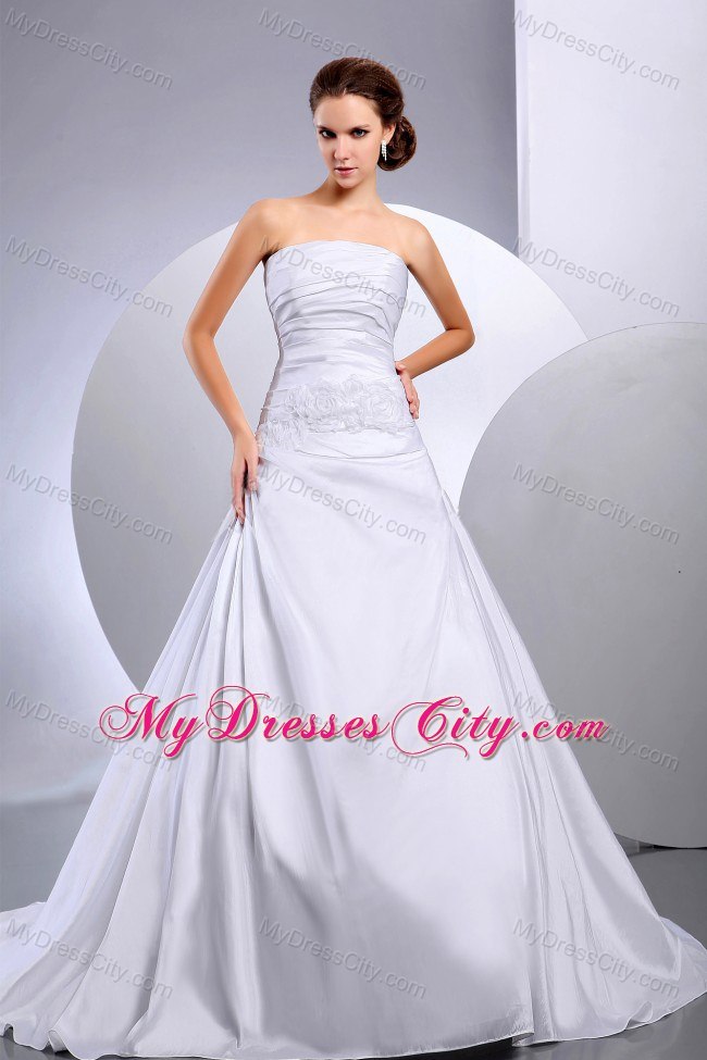 Appliques and Ruching Court Train Wedding Dress with Hand Made Flowers Wrap