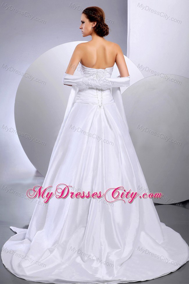 Appliques and Ruching Court Train Wedding Dress with Hand Made Flowers Wrap
