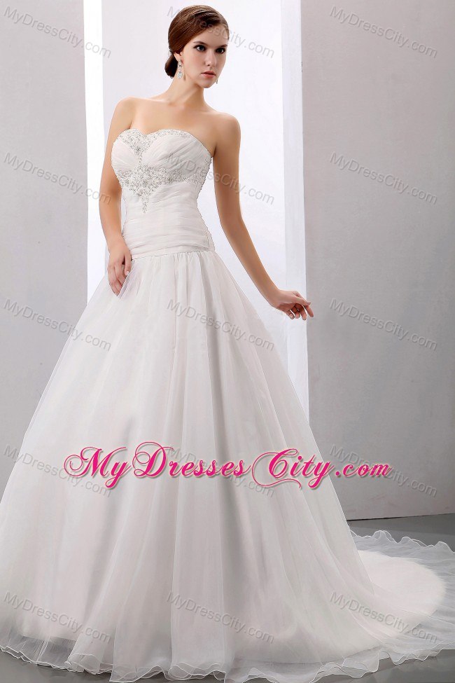 Appliques and Ruche Sweetheart Bridal Dresses with Chapel Train