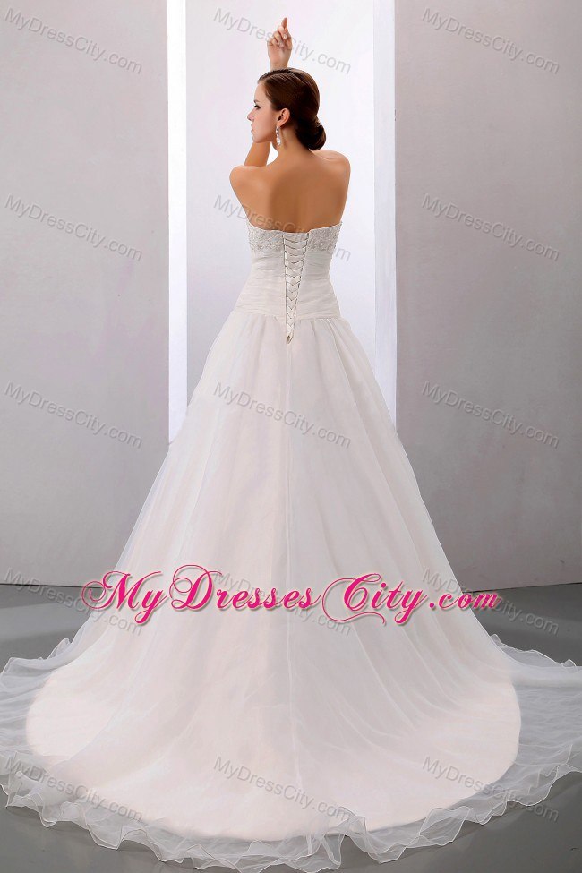 Appliques and Ruche Sweetheart Bridal Dresses with Chapel Train