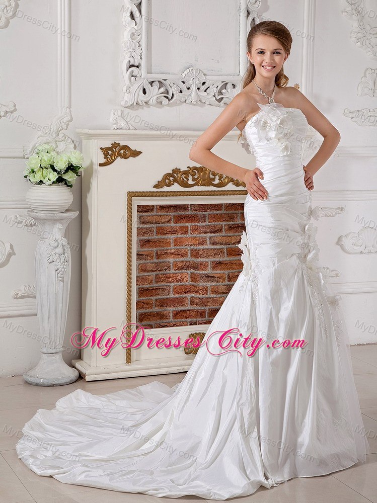 Ruche Beading and Hand Made Flowers Decorated Court Train Bridal Dress