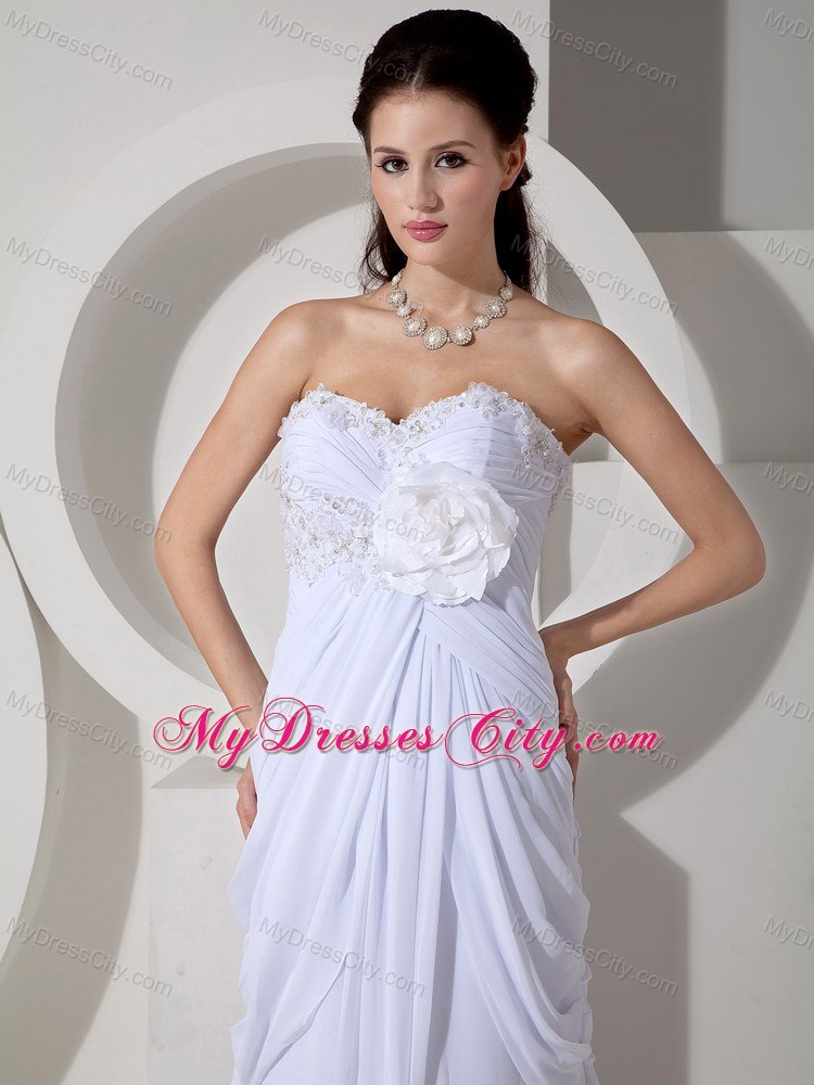 Ruche Hand Made Flower and Appliques Wedding Dress with Court Train