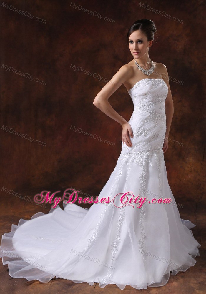 Lace Organza Court Train Strapless Church Wedding Dresses for 2013