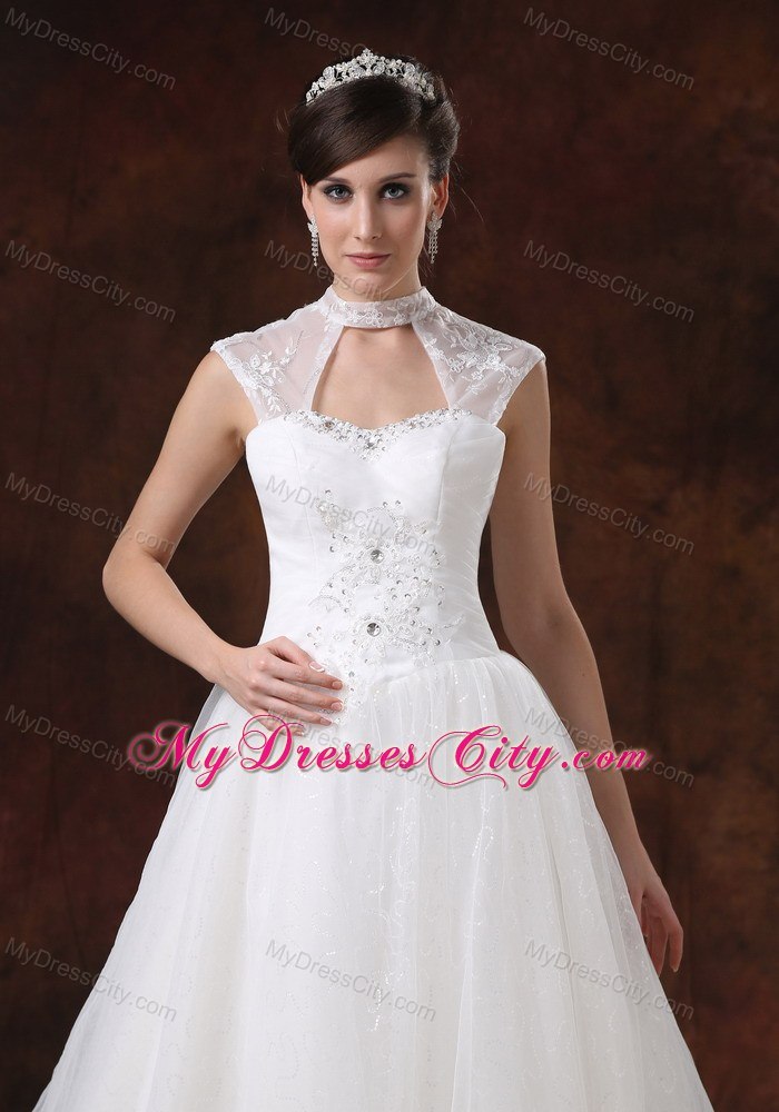 Chapel Train Embroidery with Beading for Church Wedding Dresses with Cool Neck