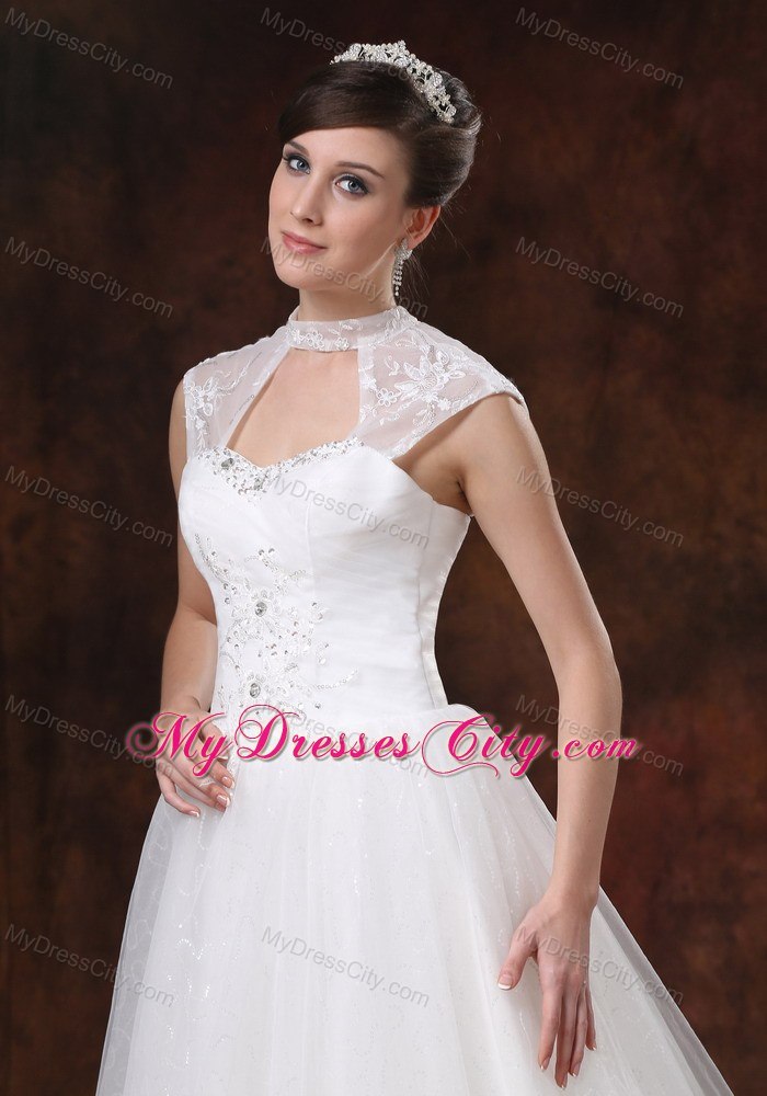 Chapel Train Embroidery with Beading for Church Wedding Dresses with Cool Neck