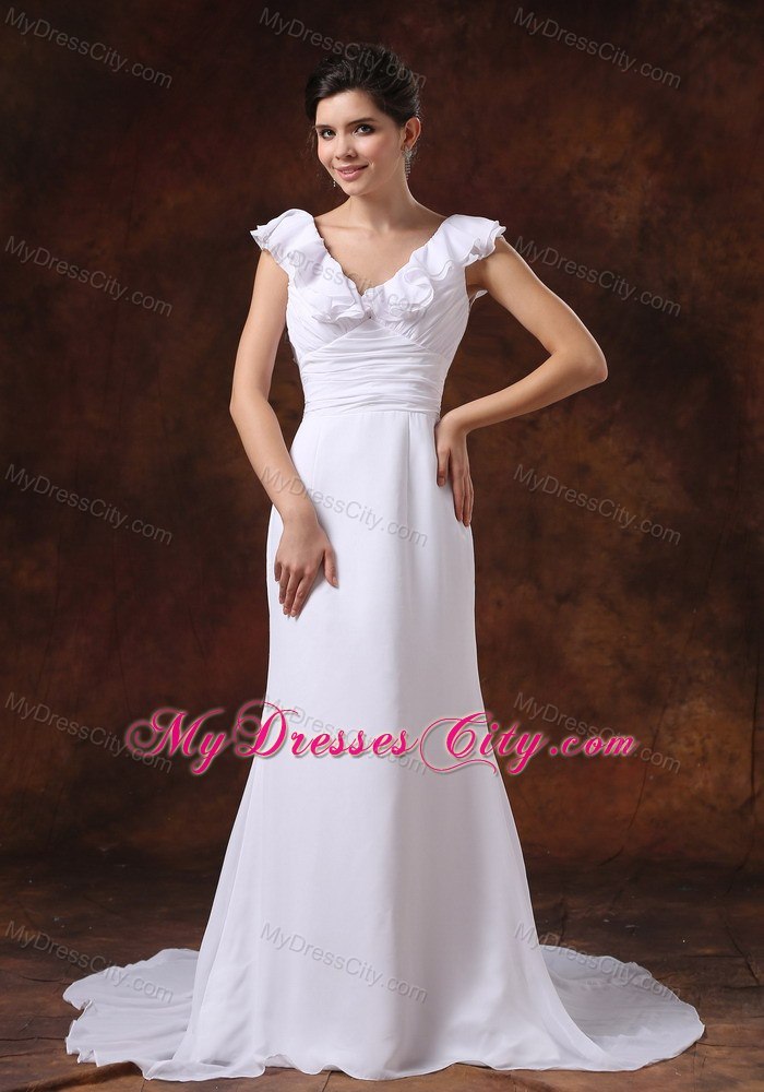 Ruching Tiers V-neck Court Train Chiffon Dress for 2013 Garden Wedding