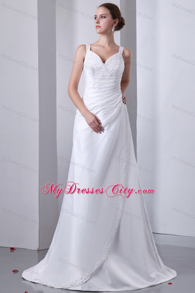 Elegant Straps Satin Ruches and Beading Wedding Dress 2013