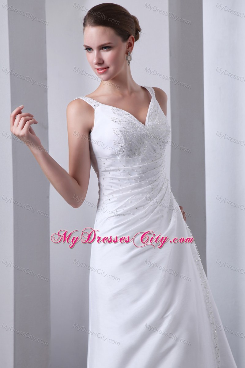 Elegant Straps Satin Ruches and Beading Wedding Dress 2013