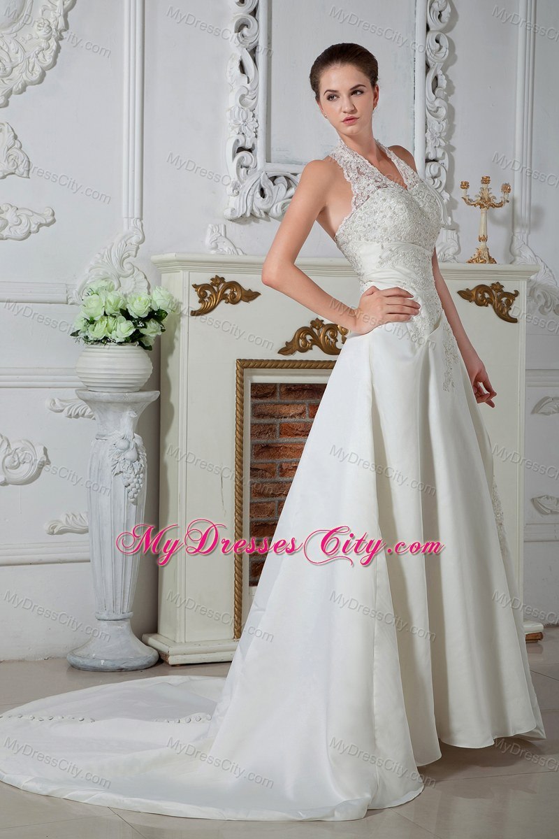 Sweet Halter Court Train Wedding Gowns with Satin Appliques