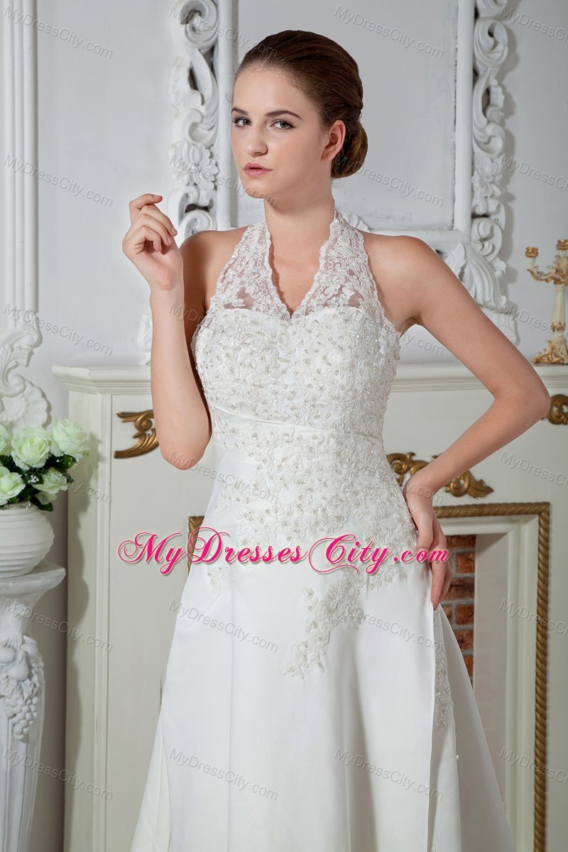 Sweet Halter Court Train Wedding Gowns with Satin Appliques