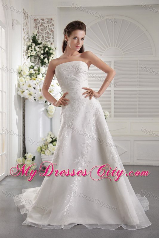 A-Line Strapless Court Train Embroidery Organza Bridal Dress