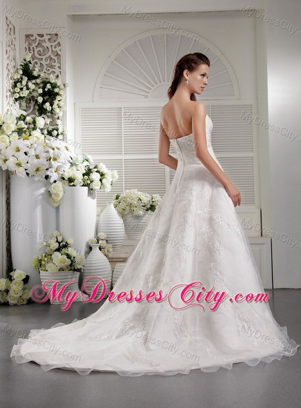 A-Line Strapless Court Train Embroidery Organza Bridal Dress