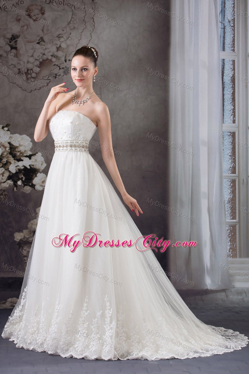 A-line Strapless Beading Belt Lace Wedding Dress for Cheap