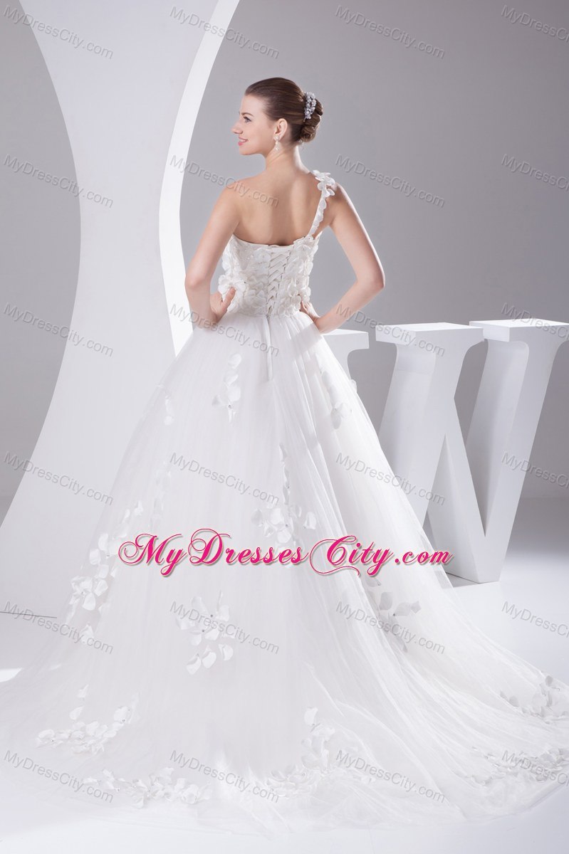 2013 Appliques Flowers One Shoulder Tulle Wedding Dress