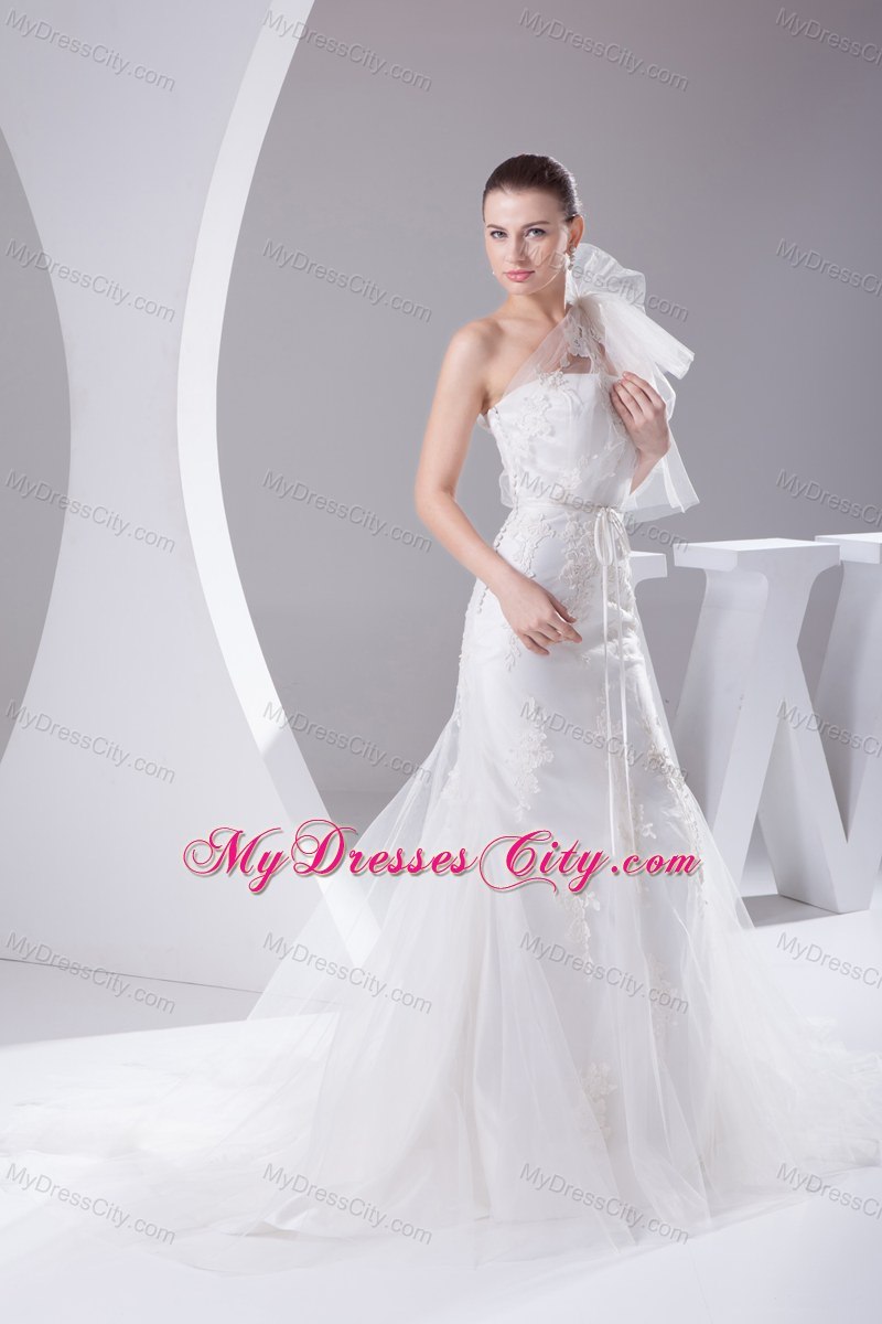 2013 One Shoulder Mermaid Sash Long Bow Wedding Dress