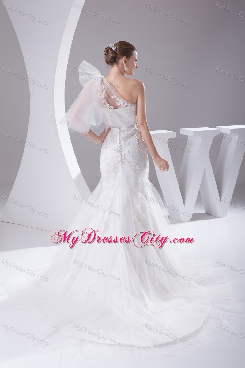 2013 One Shoulder Mermaid Sash Long Bow Wedding Dress