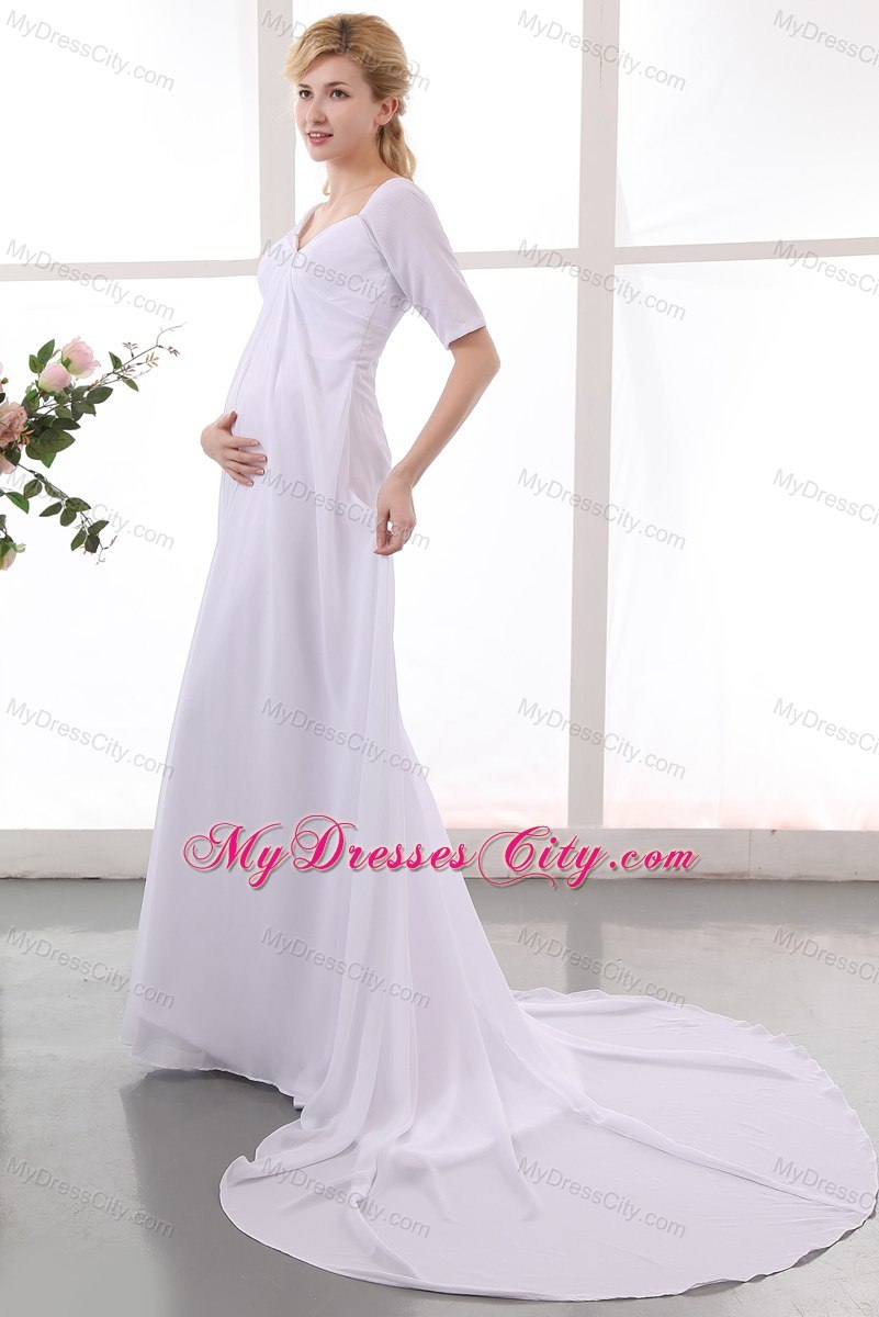 Simple V Neck Maternity Wedding Dress with Half Sleeves