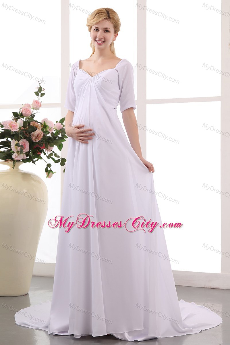 Simple V Neck Maternity Wedding Dress with Half Sleeves