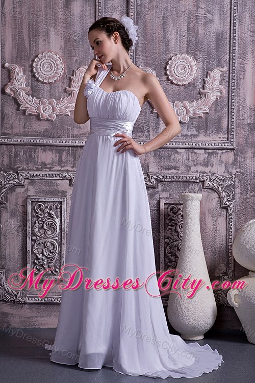 One Shoulder Brush Train Ruches and Flowers Bridal Gown