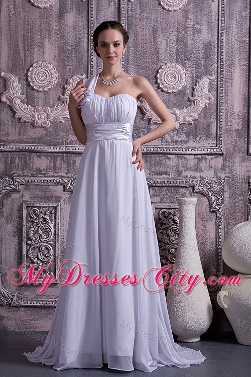 One Shoulder Brush Train Ruches and Flowers Bridal Gown