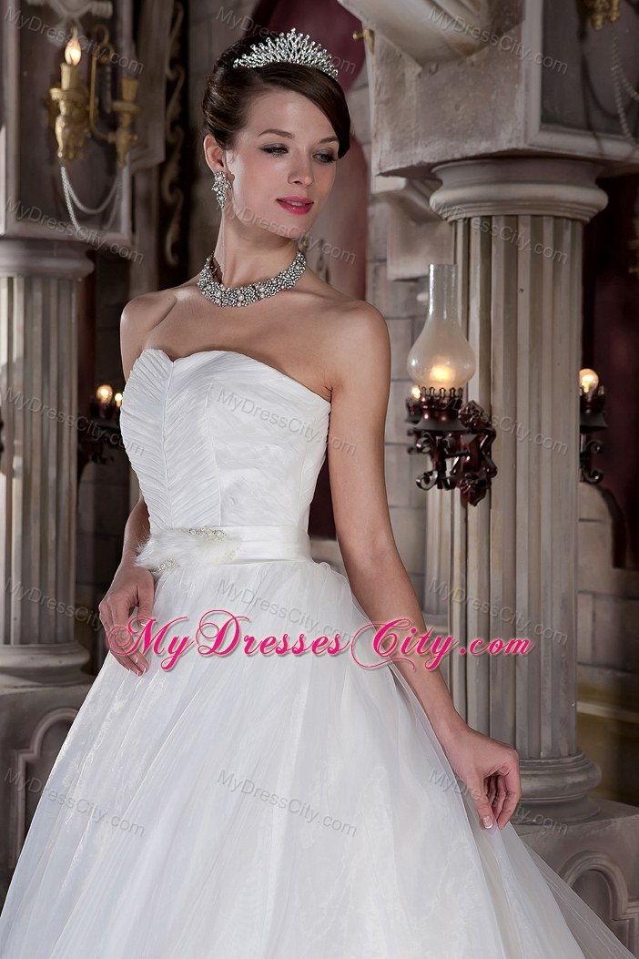 Customized Sweetheart Chapel Train Wedding Dress with Feather