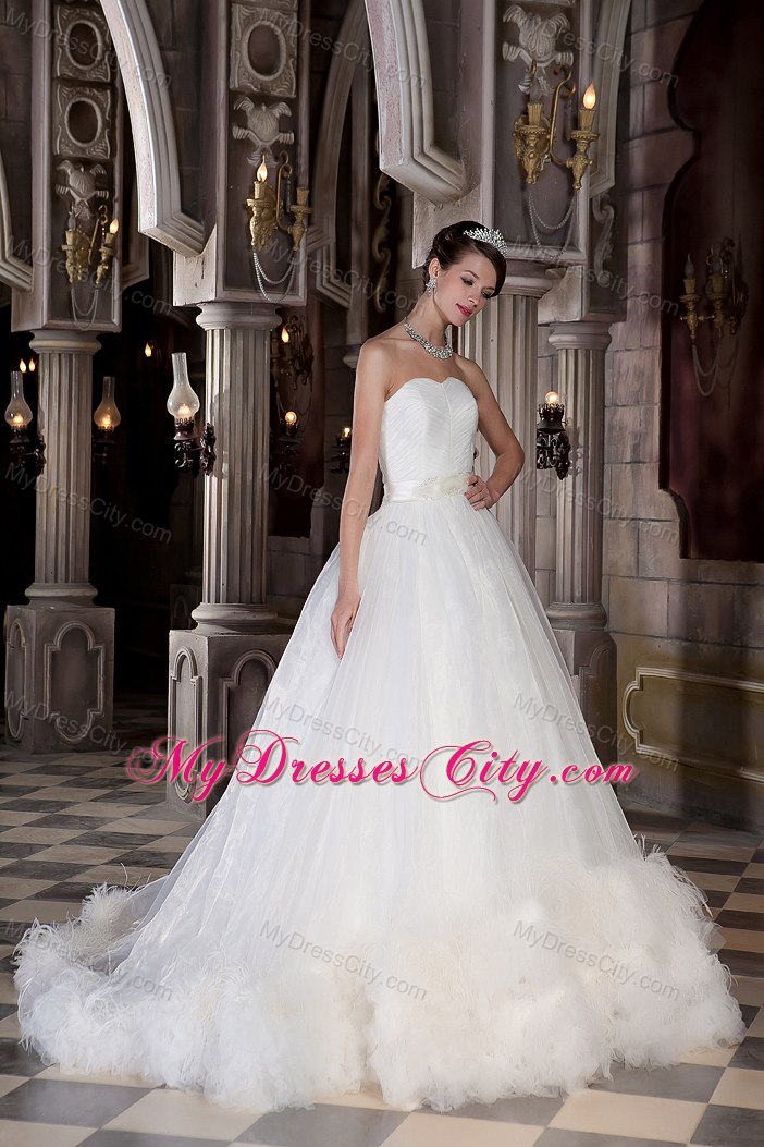 Customized Sweetheart Chapel Train Wedding Dress with Feather