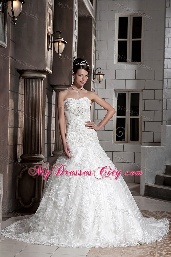 A-line Sweetheart Lace Beading Bridal Dress with Chapel Train