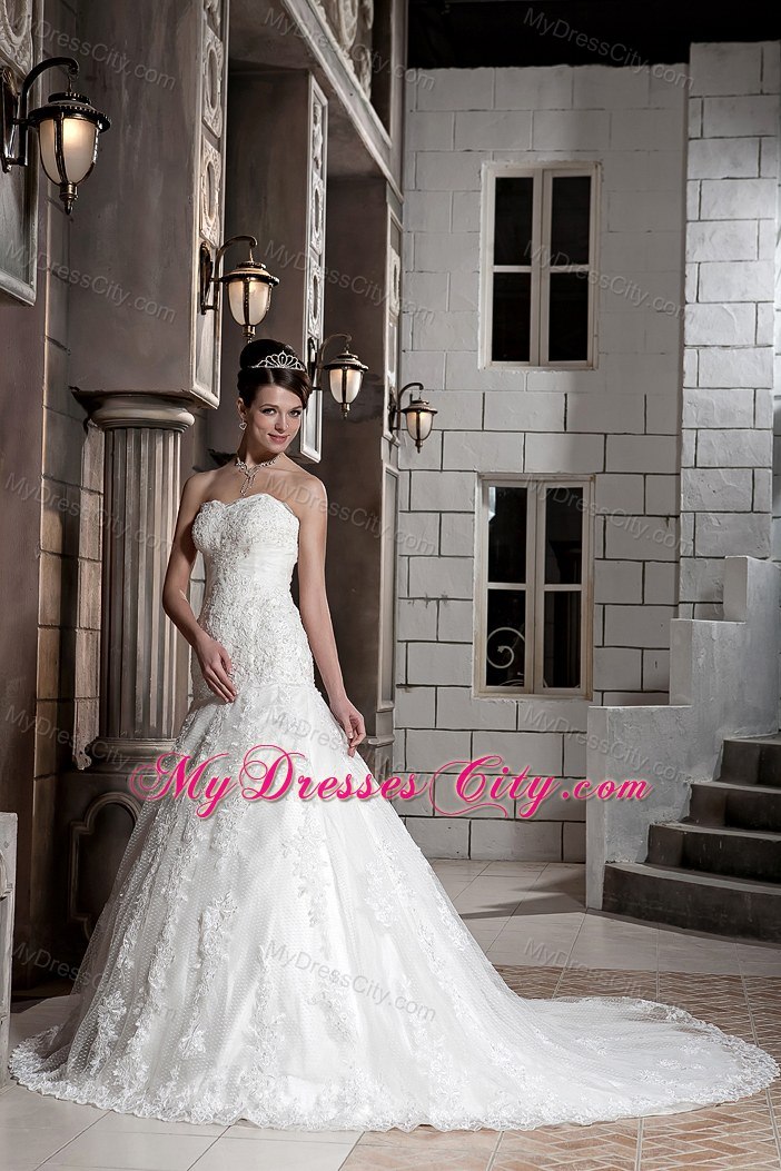 A-line Sweetheart Lace Beading Bridal Dress with Chapel Train