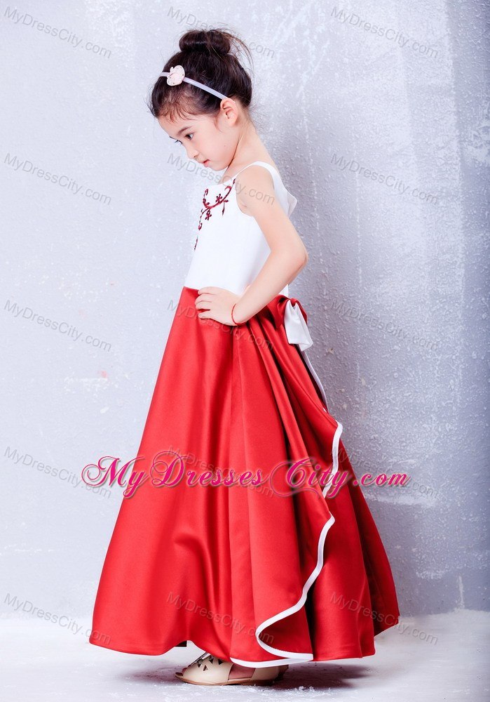 Taffeta White and Red Scoop Flower Girl Dress with Embroidery