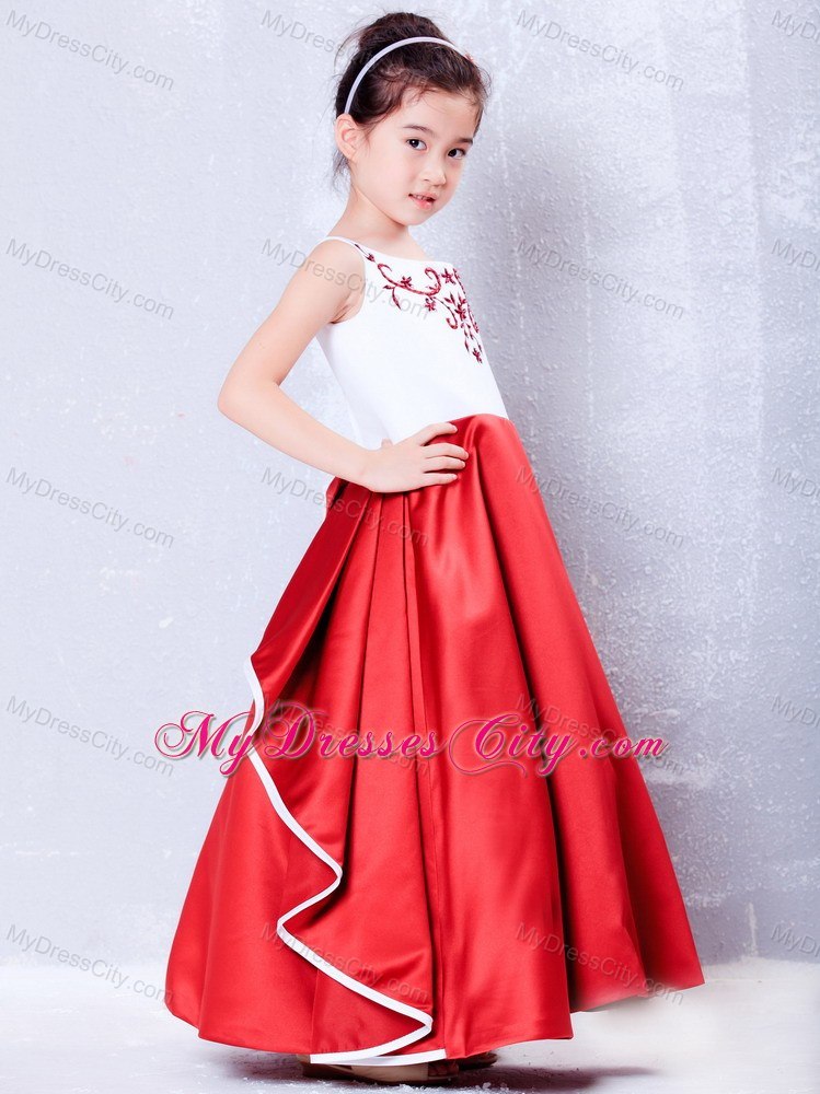 Taffeta White and Red Scoop Flower Girl Dress with Embroidery