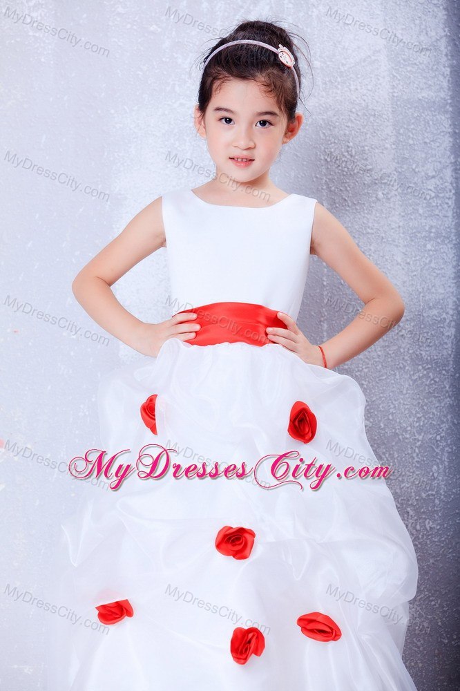 Hand Made Flower White and Red Flower Girl Dress in Scoop