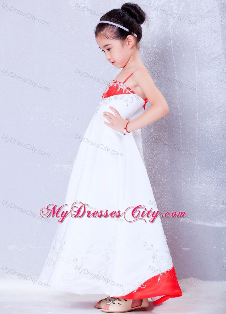 White and Red Ankle-length Straps Embroidery Flower Girl Dress