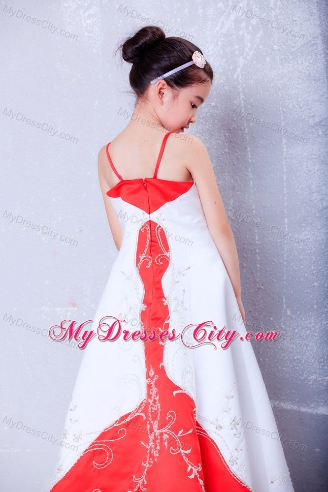 White and Red Ankle-length Straps Embroidery Flower Girl Dress