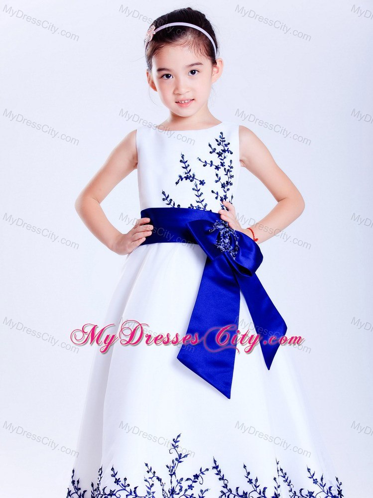 Satin Sashed Floral White Scoop Embroidery Flower Girl Dress
