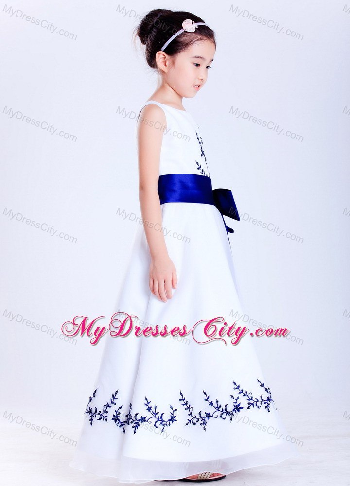 Satin Sashed Floral White Scoop Embroidery Flower Girl Dress