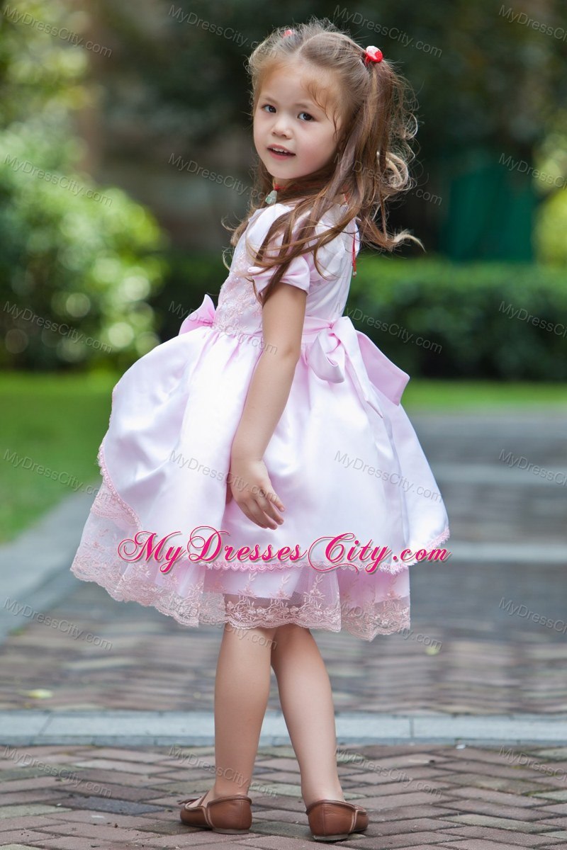 Tea-length Baby Pink Bow Flower Girl Dress with Short SleeveS