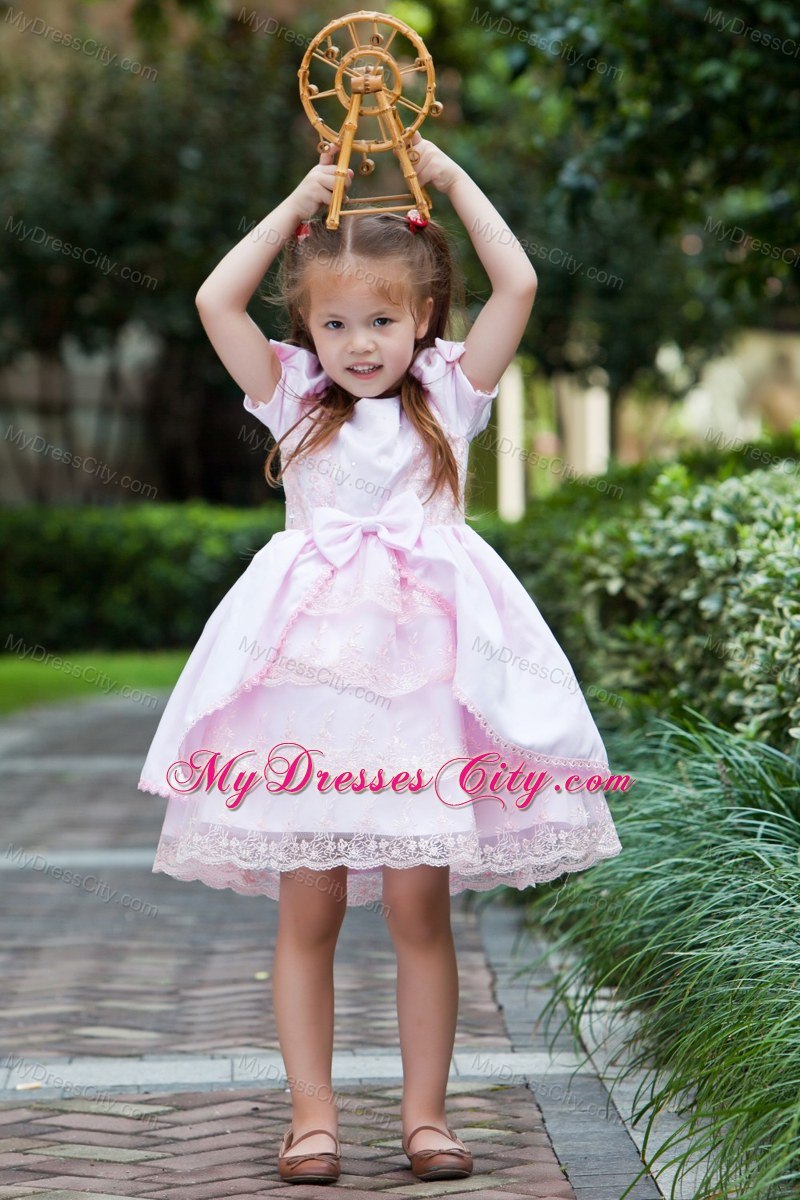 Tea-length Baby Pink Bow Flower Girl Dress with Short SleeveS