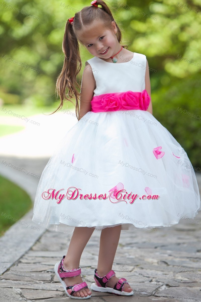 Handle Flowers White Scoop Flower Girl Dress with Sash under 100