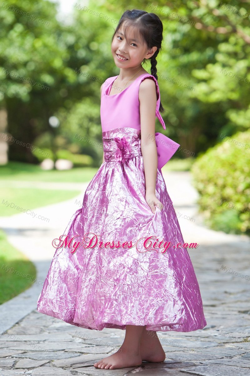 Ankle-length Sheath Scoop Lavender Satin Bow Flower Girl Dress