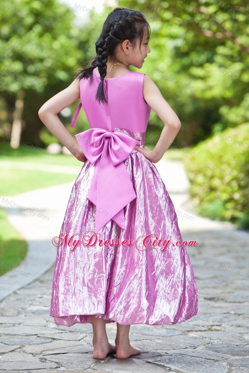 Ankle-length Sheath Scoop Lavender Satin Bow Flower Girl Dress