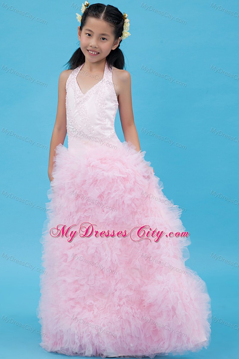 Tulle Baby Pink Beaded Flower Girl Dress with Halter Ruffles