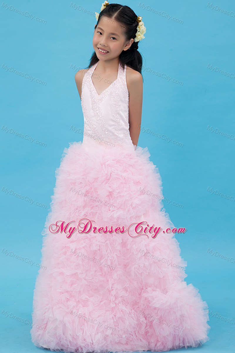 Tulle Baby Pink Beaded Flower Girl Dress with Halter Ruffles