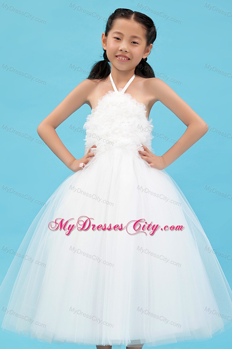 Halter Tulle White A-line Short Appliques Flower Girl Dress